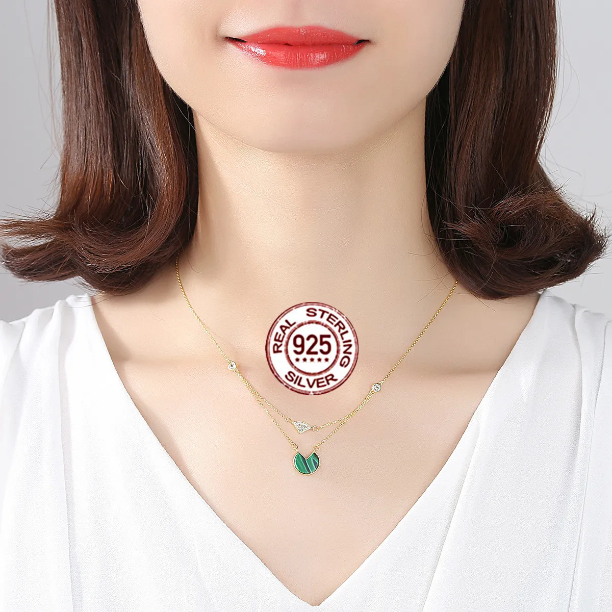 

925 Sterling Silver Pendant Necklace round Malachite Pendant double layer women's clavicle necklace fashion fine jewelry gift