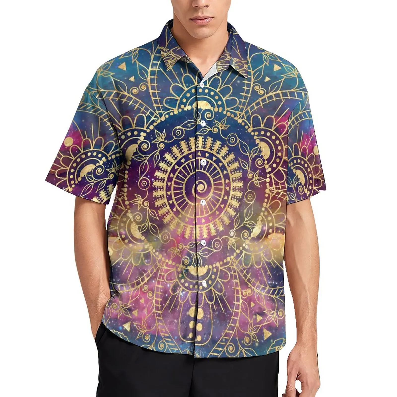 

Nebula Mandala Blouses Male Gold Watercolor Floral Casual Shirts Hawaii Short Sleeve Design Retro Oversize Beach Shirt Gift Idea