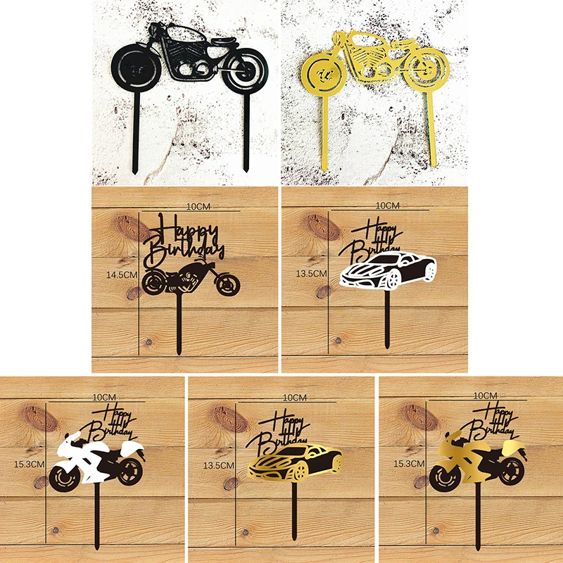 

Car Motorcycle Happy Birthday Cake Topper Acrylic Gold Motorbike Cupcake Topper for Kids Birthday Party Cake Decoration Supplies