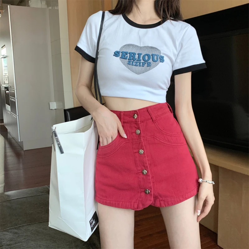 Jeans Women 2023 New Large Summer Red Women's Single breasted Short Skirt High Waist Shorts Skirt with Lining