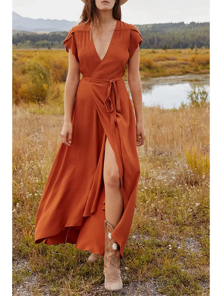 

Летнее женское платье, однотонное пляжное платье макси, длинное шифоновое платье в стиле бохо, повседневное пикантное платье с запахом, V-образным вырезом и разрезом, женское платье