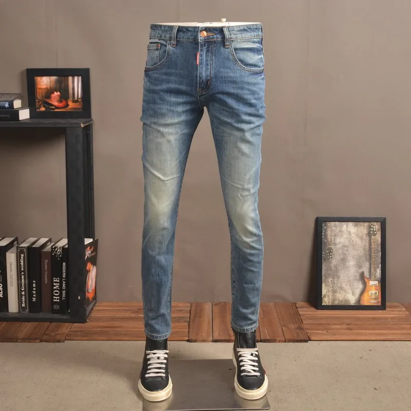 Summer Men Blue Jeans Fashion Casual Straight Slim Fit Lightweight Denim Pants