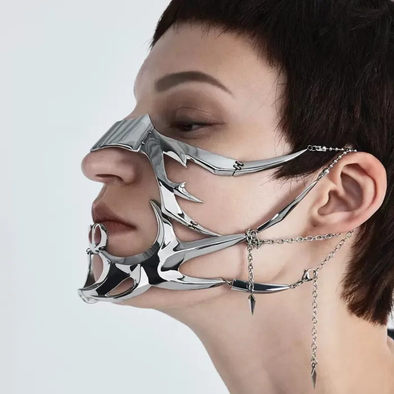 Luxury CyberPunk Mask Liquid Irregular Silver Color Hollow Titanium Steel Facial Accessories Earring For Women Men Party Jewelry
