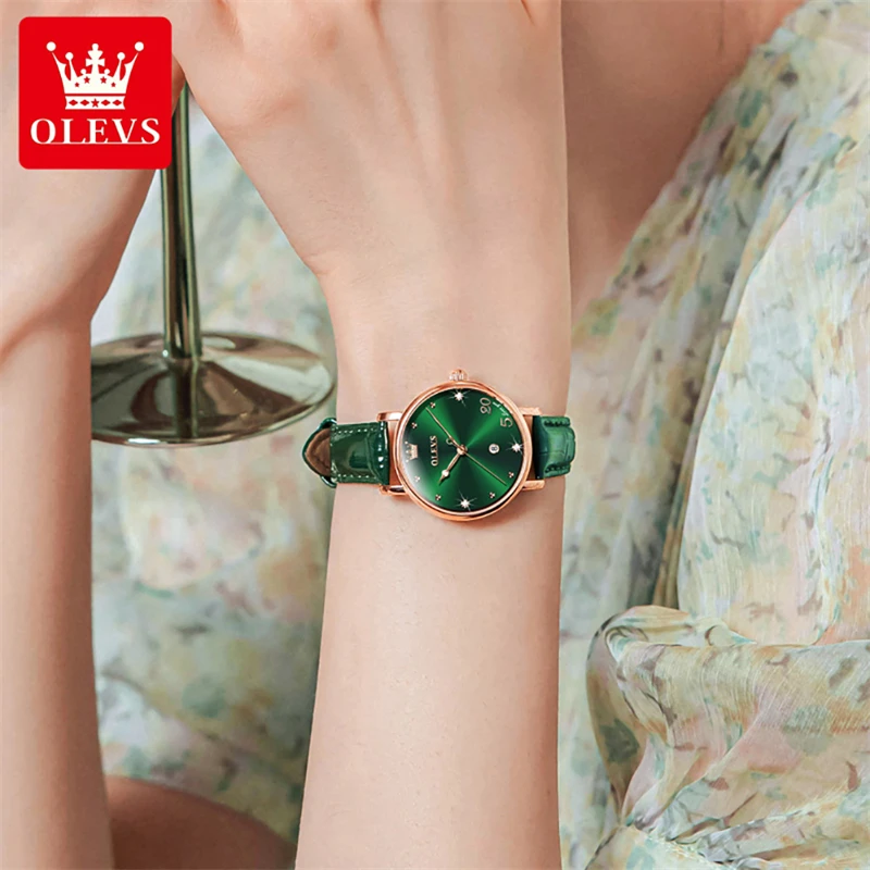 OLEVS 2023 New Exquisite Ladies Watch Luxury Fashion Ultra-thin Leather Waterproof Green Quartz Women Wristwatch Female Clocks