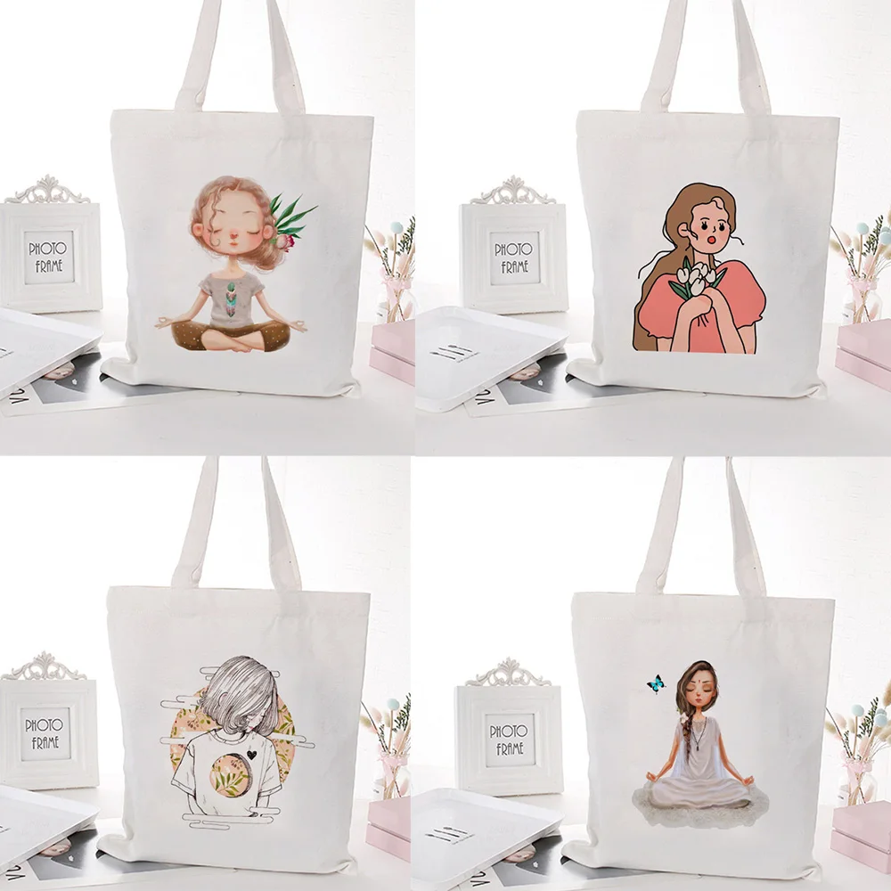 

Kawaii Little Girl Print Shopping Canvas Tote Bag Harajuku Aesthetic Reusable Shopper Shoulder Bag Handbag Student Book Bags