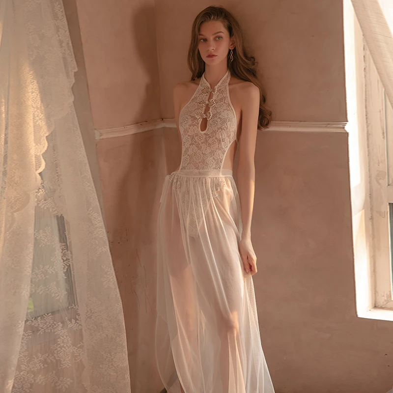 

Женская ночная сорочка в викторианском стиле, пикантная ночная рубашка, кружевное Прозрачное нижнее белье, ночная сорочка с открытой спиной, топы для сна, 2 шт.