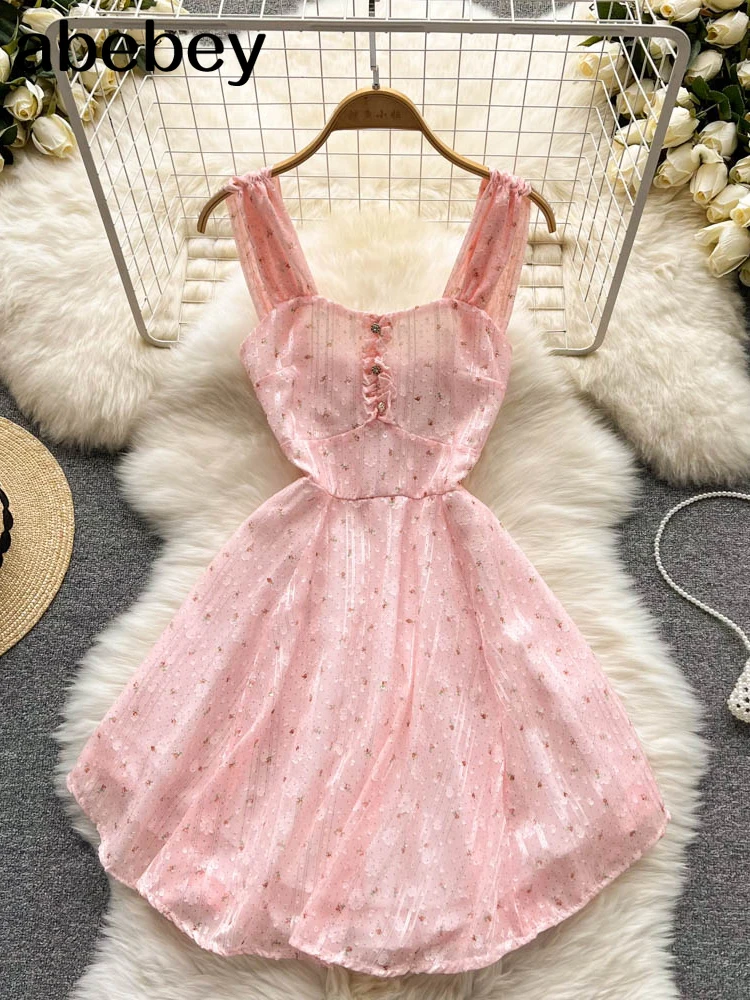 

Dresses For Women 2022 Elegant Vintage Floral Dress Frill Sweetheart Neck Sleeveless Strap Tie Ruffle Hem Summer Beach Dress
