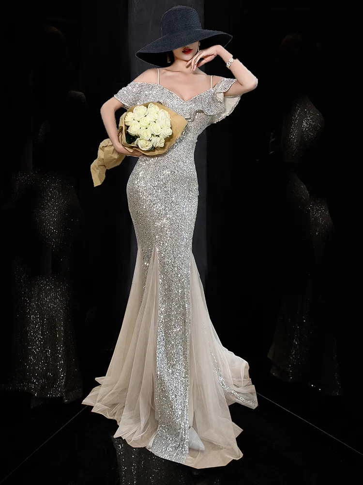 

Evening Dresses, Feminine Style, Queen's Banquet Style, Hosting Fishtail Long Dress, Silver One Shoulder Long, High Grade Sexy