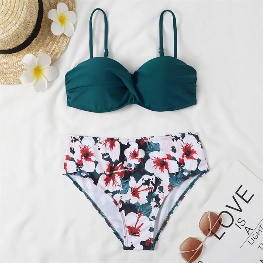

Beach Bikini Set Underwire Elastic Solid Color Bra Floral Print High Waist Bottoms Swimsuit Bra Briefs Set Split Bikini
