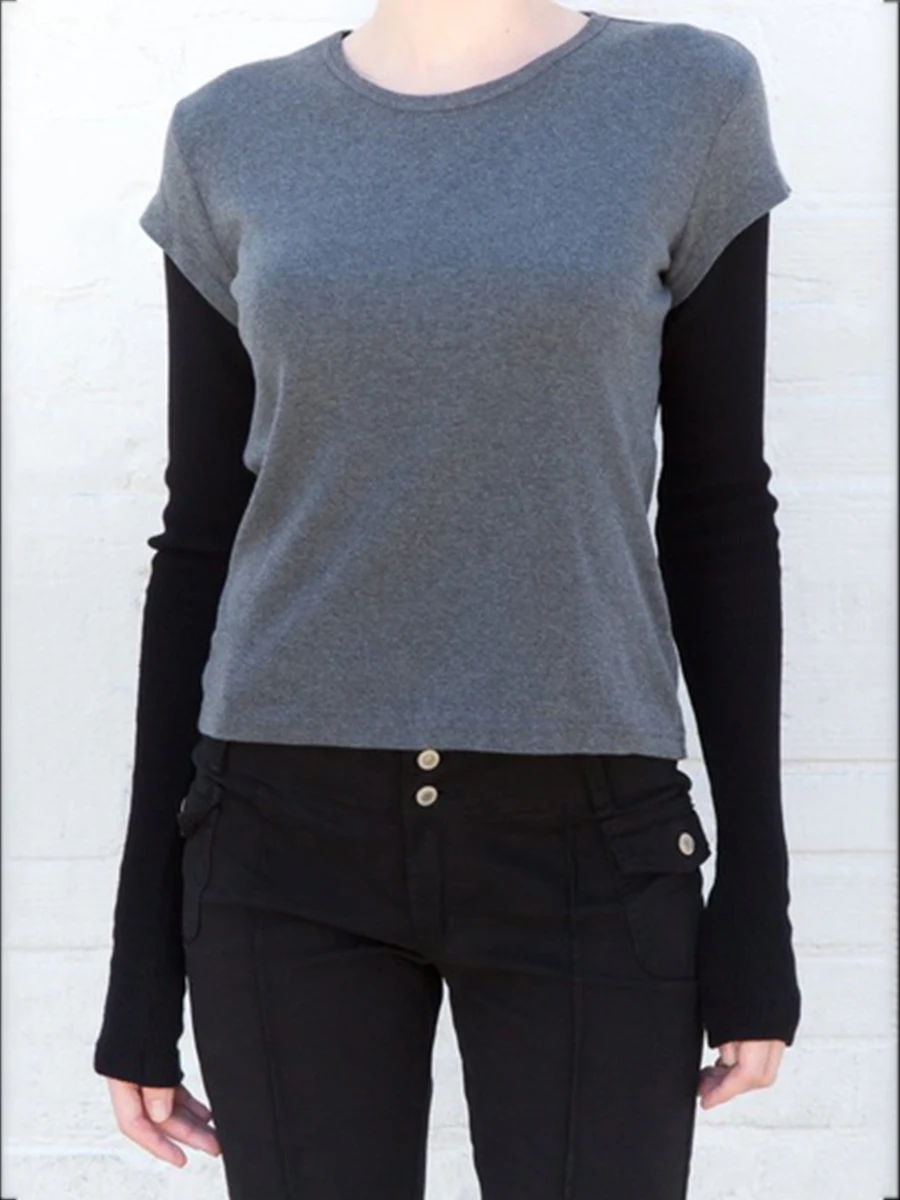 

Винтажные Лоскутные хлопковые футболки, Женская Осенняя уличная одежда, Серый Женский Повседневный Приталенный топ Y2k с круглым вырезом, 2022