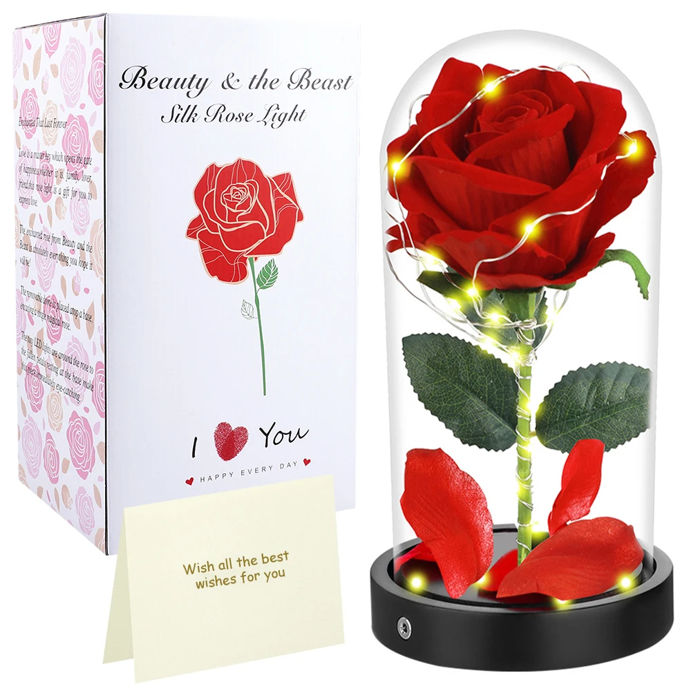 

USB Battery Beauty and the Beast Rose Valentine's Day Gift 24K Galaxy Artificial Rose in Glass Dome Colorful LED Lights Flower