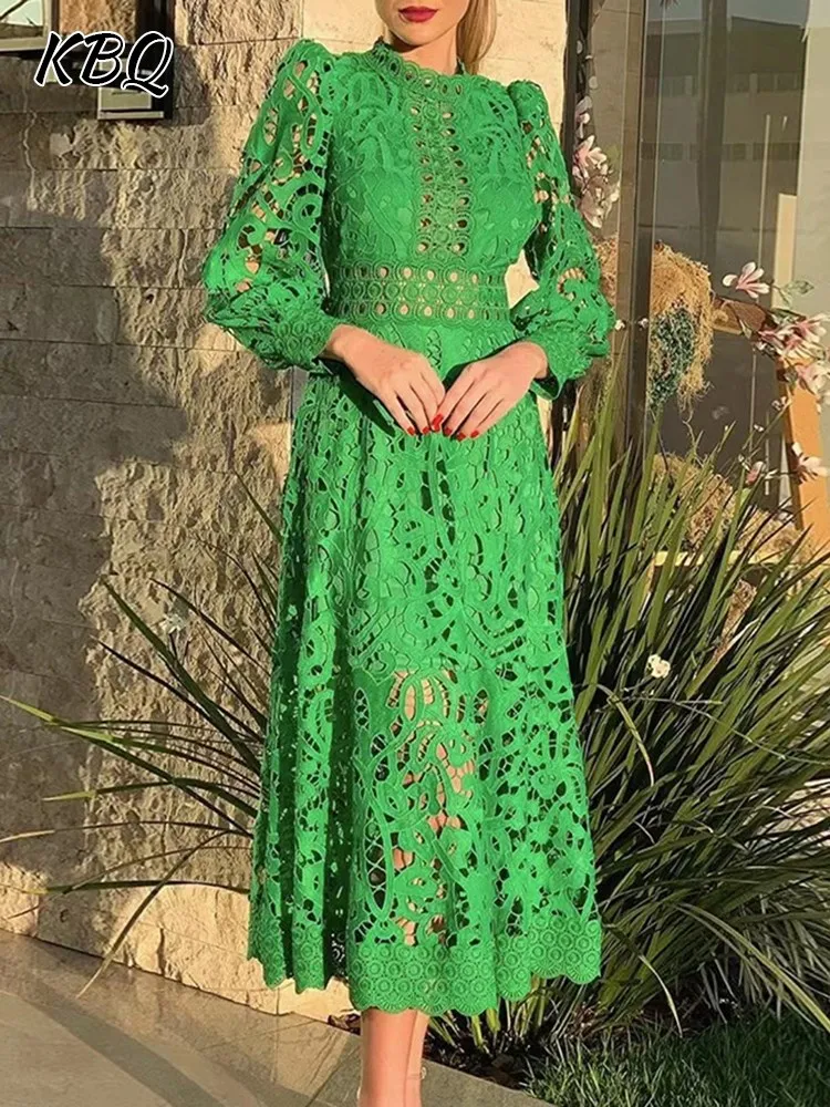 Женское платье с вышивкой KBQ, винтажное Прозрачное платье с воротником-стойкой и рукавами-фонариками, модная одежда, новинка