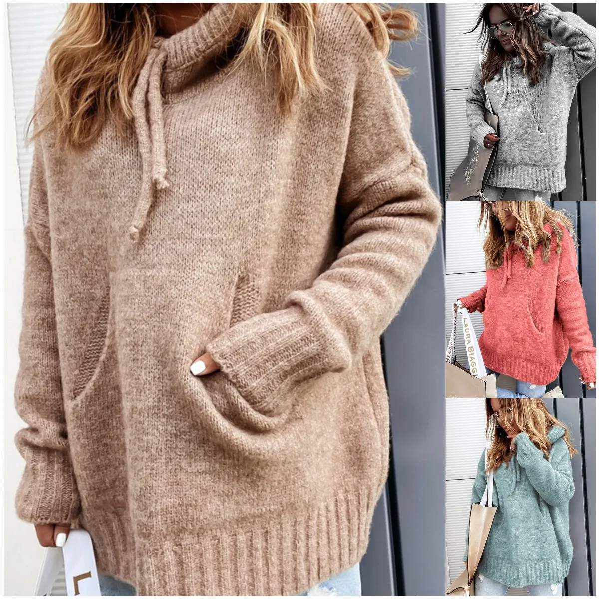 

New Sweater Women's Street Soft Knit Hoodie Pocket
