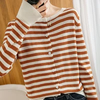 2022 spring and autumn knitted cardigan womens striped color matching thin long sleeved loose jacket sunscreen shirt
