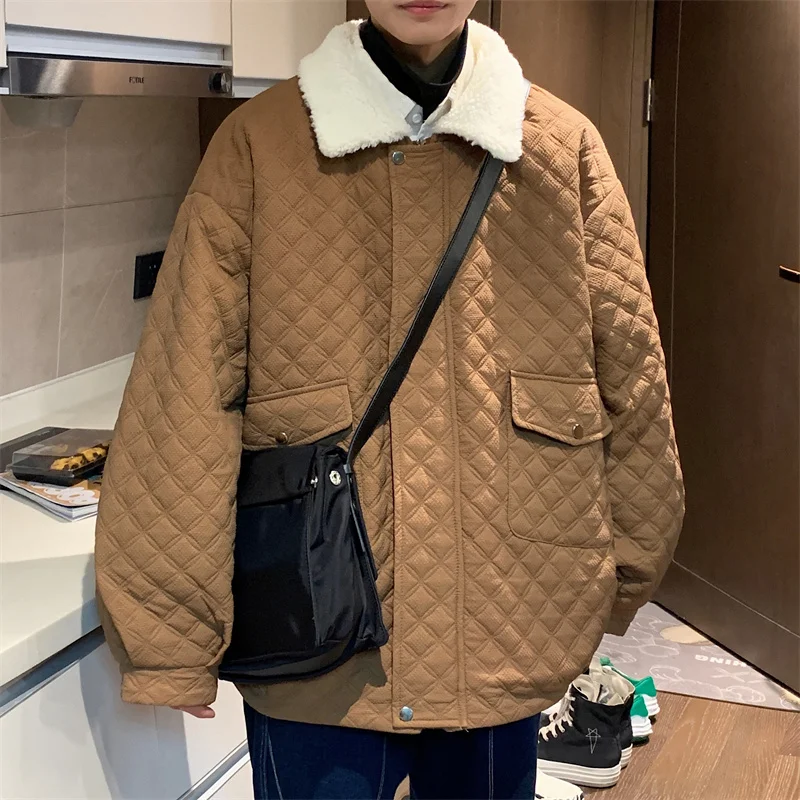 Winter Jacket Men Warm Fashion Retro Plaid Thickened Lamb Wool Jacket Men Korean Loose Thick Short Coat Mens Parker Clothes