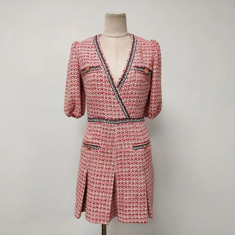 

French Style Tweed V-Neck Webbing Pleated Waist Dress Women Fashion Sexy V-Neck Puff Sleeve Slim Dress f113