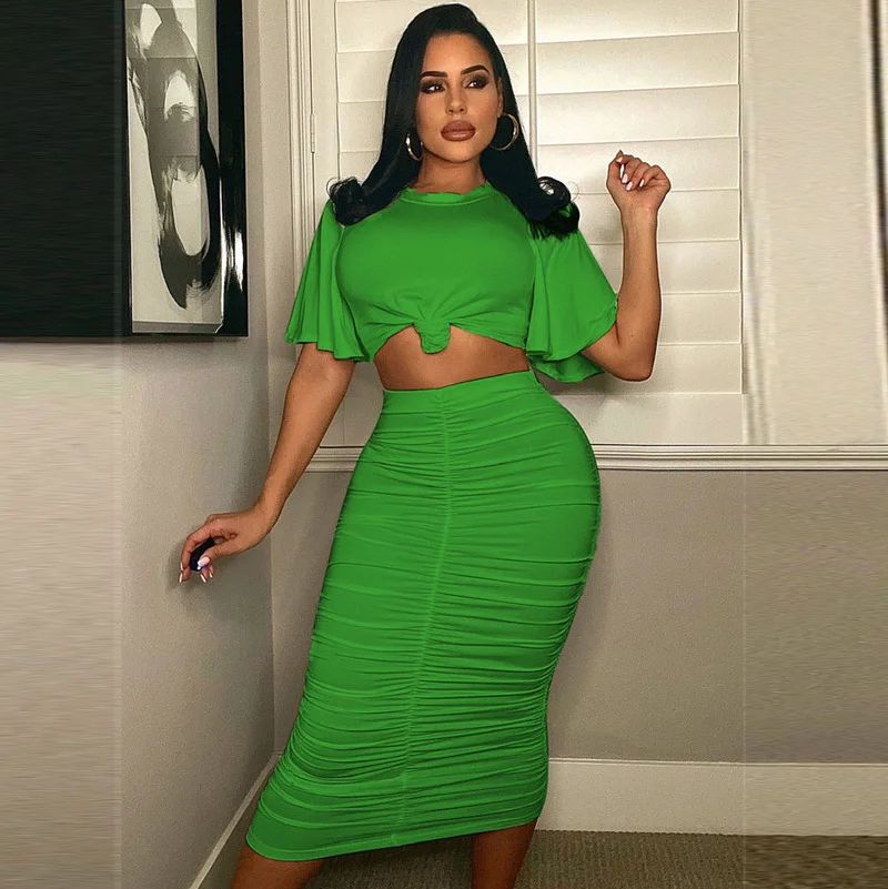 

Женский костюм из двух предметов FUDA, Однотонная футболка с коротким рукавом и длинная юбка с рюшами, повседневный костюм для вечерние и клубов, на лето