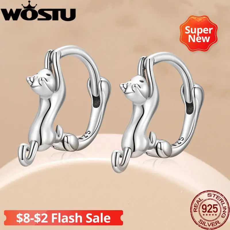 WOSTU Real 925 Sterling Silver Cute Cat Stud Earrings For Women Fine Jewelry Party Gift Animal Hoop Aretes CQE1488