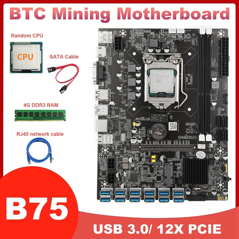 

B75 USB BTC Mining Motherboard With CPU+4G DDR3 RAM+SATA Cable+RJ45 Network Cable 12XPCIE USB3.0 LGA1155 MSATA ETH Miner