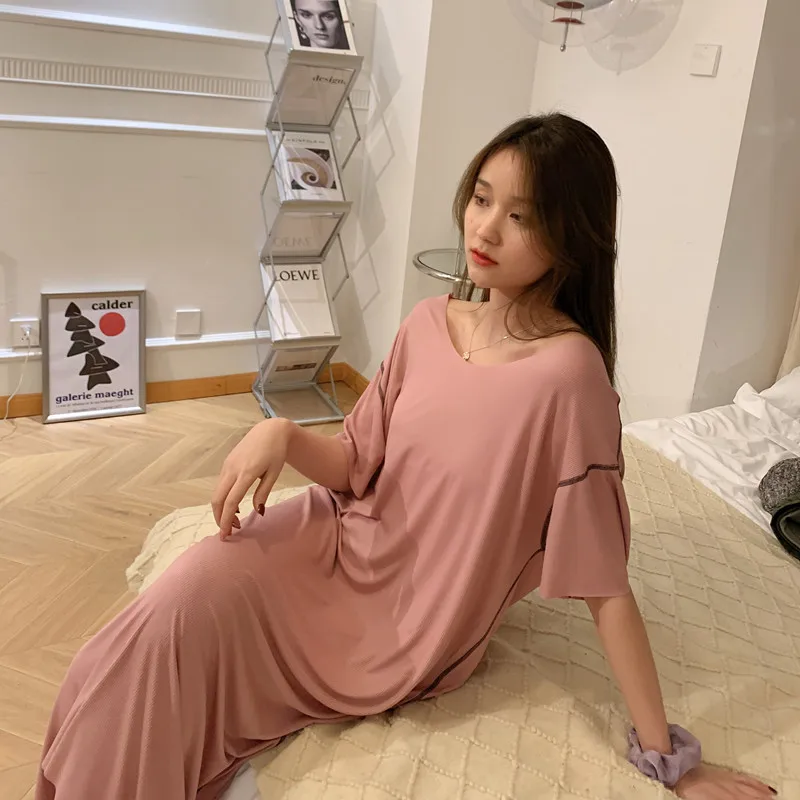 Fdfklak Casual Korean Women's Long Night Dress Loose Short Sleeve Nightgowns Femme V Neck Modal Comfortable Sleep Nightshirt