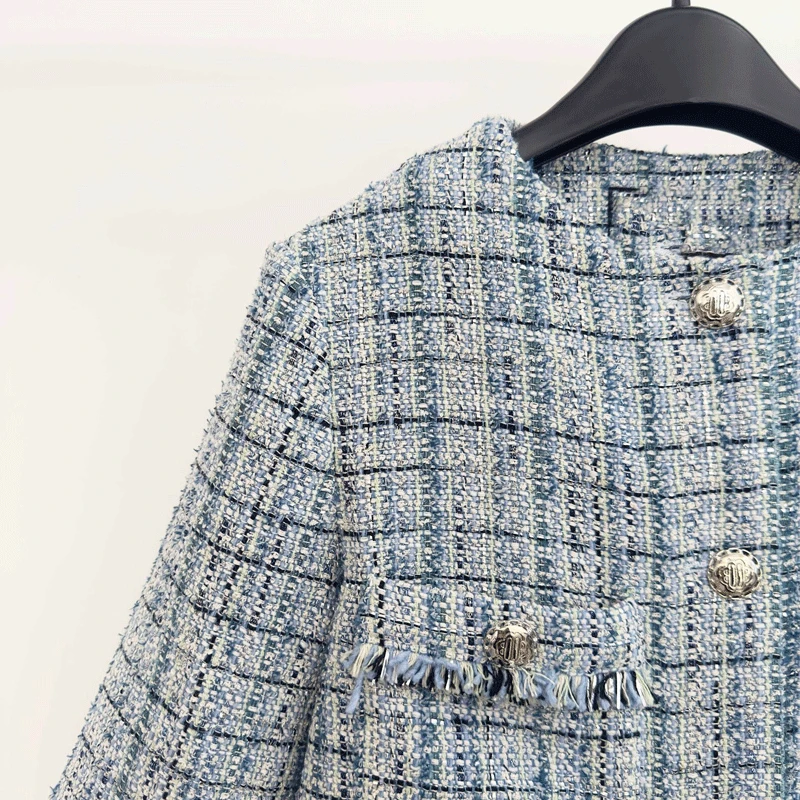 

2023 Autumn New Casual Blue Tweed Plaid Jacket / Skirt Women