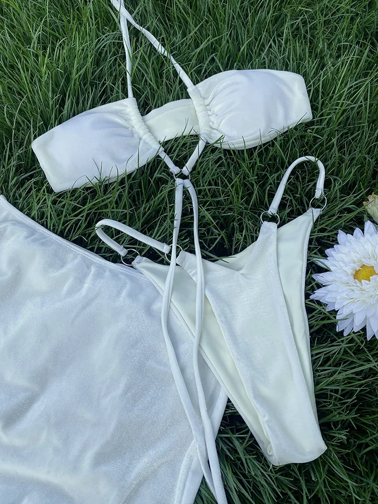 Костюмы из 3 предметов однотонные бикини сексуальный купальник женский