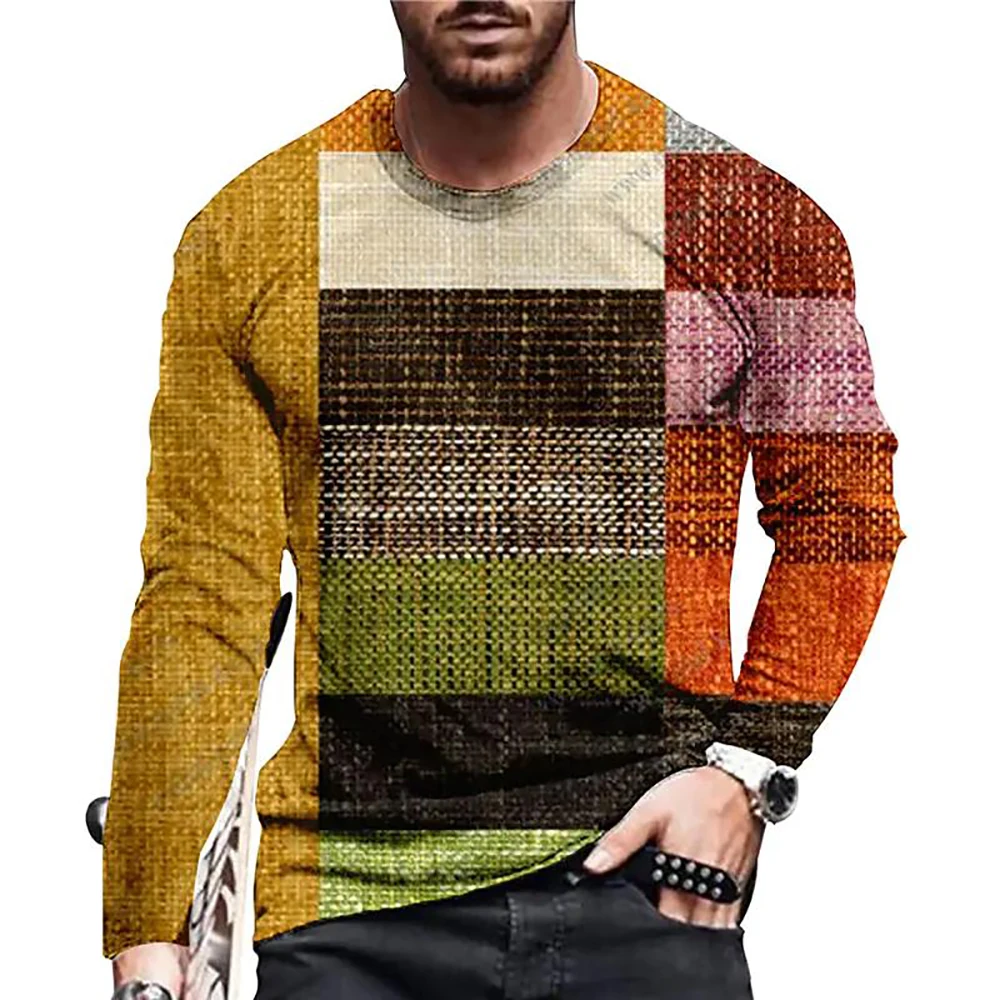 Купи 2022 World Winter Cotton Mosaic Loose Color Block 3D Print Men's T-Shirt Round Neck Long Sleeve Casual Top Polo Tee за 744 рублей в магазине AliExpress