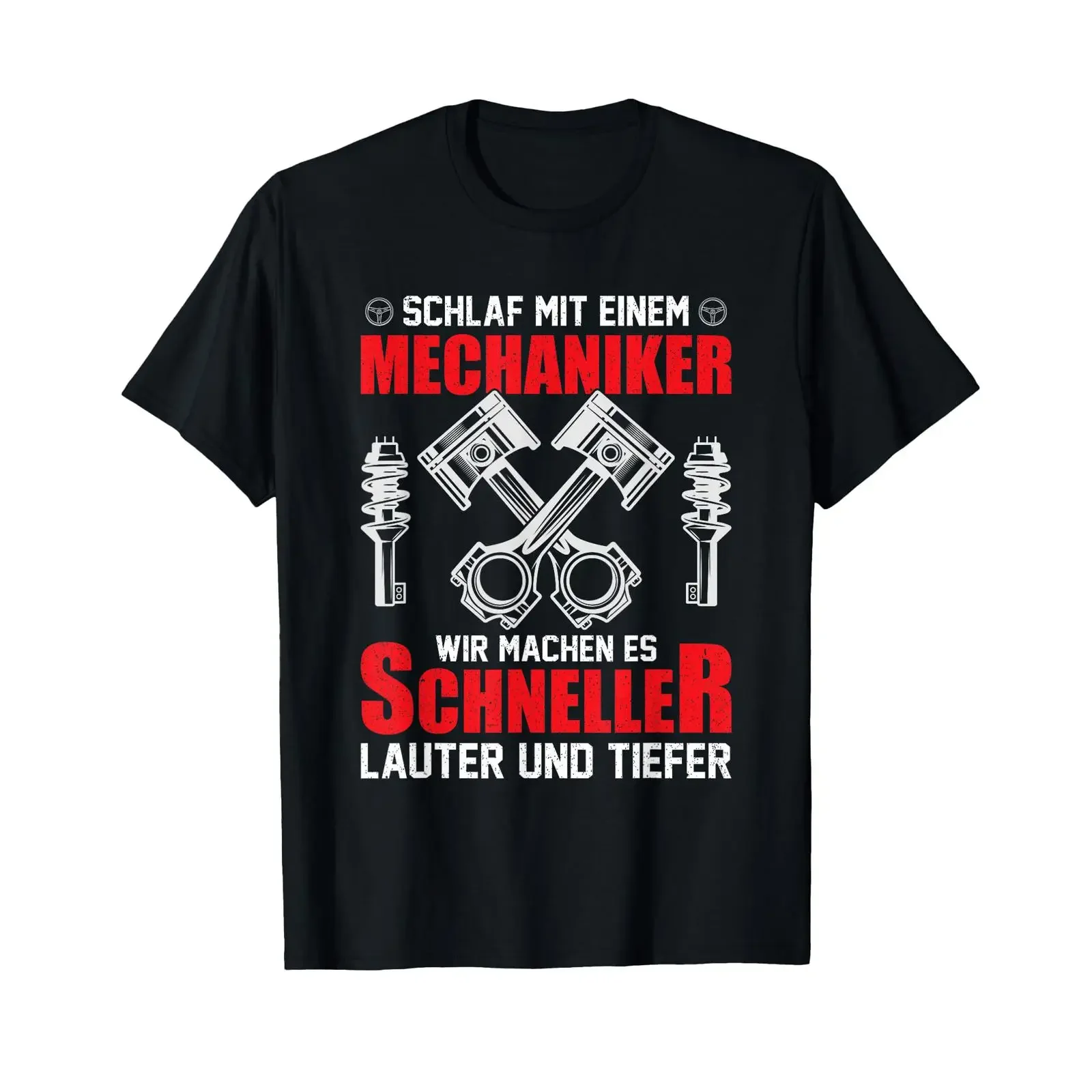 Фото Футболка с немецким текстом «Schneller Tiefer Lauter Kfz Mechanik Funny Say», черная, винтажная, с эффектом потертости, для повседневной носки, стильная. №1