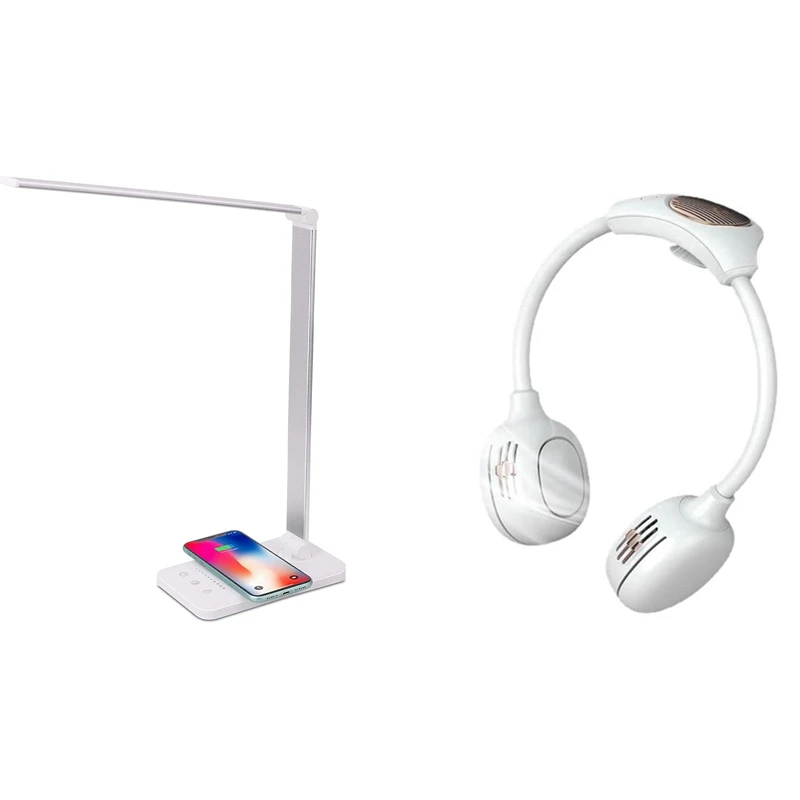 

Hanging Neck Fan,Lazy Neck Fan, White & LED Desk Lamp With Wireless Charger, USB Charging Port, 5 Brightness Levels