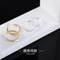 real 925 sterling silver tinfoil pattern c shape hoop earrings geometric circle earrings fine jewelry for women