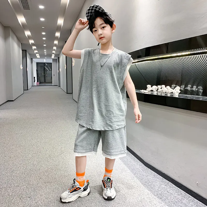 Boys Two Piece Summer Clothes Set Outfits Sleeveless T-shirt And Shorts 2022 New Big Boy Costumes for Kids Children Tracksuits