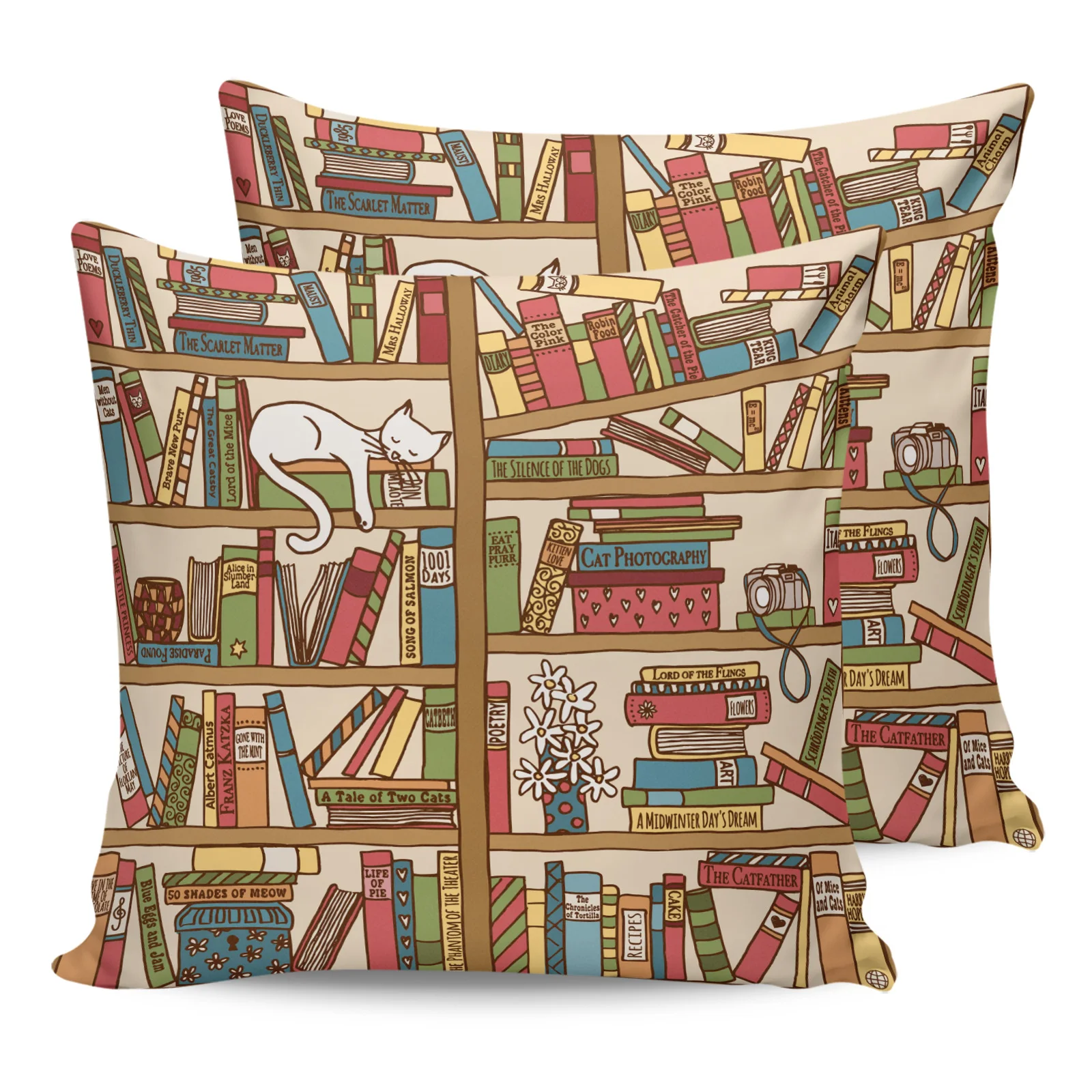 

2PCS Pillowcases Cartoon Bookshelf Sleeping Cat Cushion Cover Home Bedding Living Room Decorative Couch Throw Pillow Case