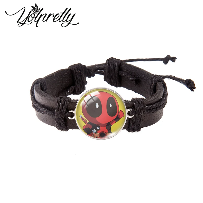 Disney Killer Deadpool Lace-up Leather Bracelet Glass Cabochon Charm Pendants Jewelry for men | Bracelets