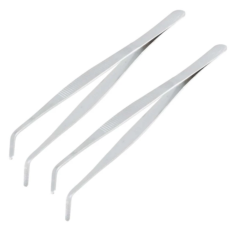 

2X 20Cm Angled Slanted Tip Metal Curved Tweezer Silver Tone