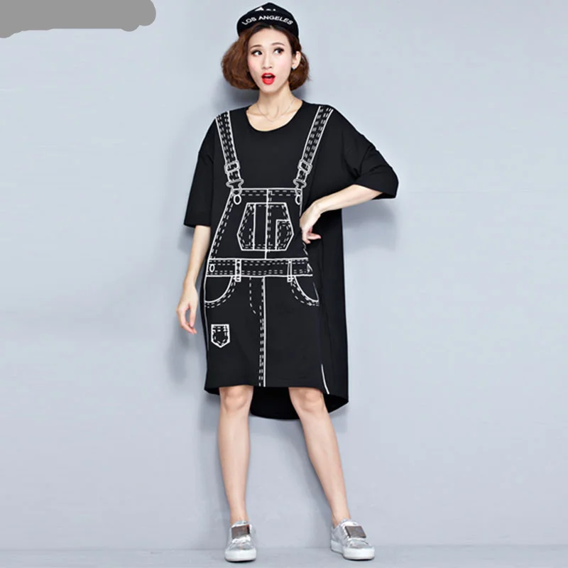 

Autumn Plus Dress 3D Pattern Print T-Shirt Cotton Female Fashion Big Size Black Loose New Tops