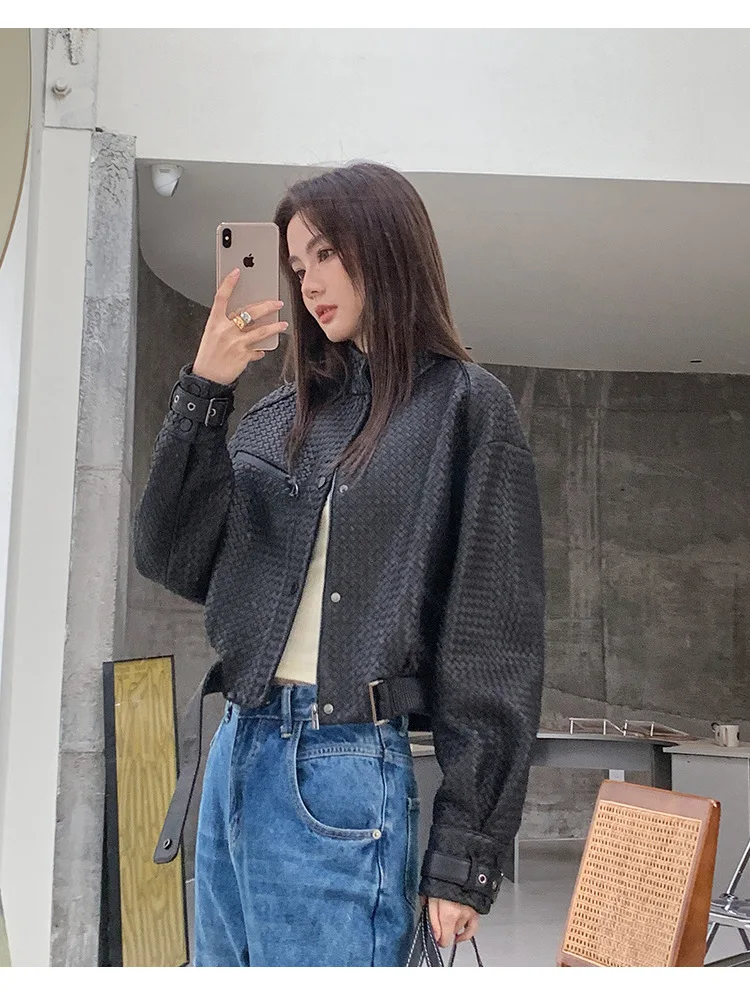 

Autumn/winter New High end Heavy Industry Handwoven Sheepskin Short Motorcycle Casual Leather Coat2023