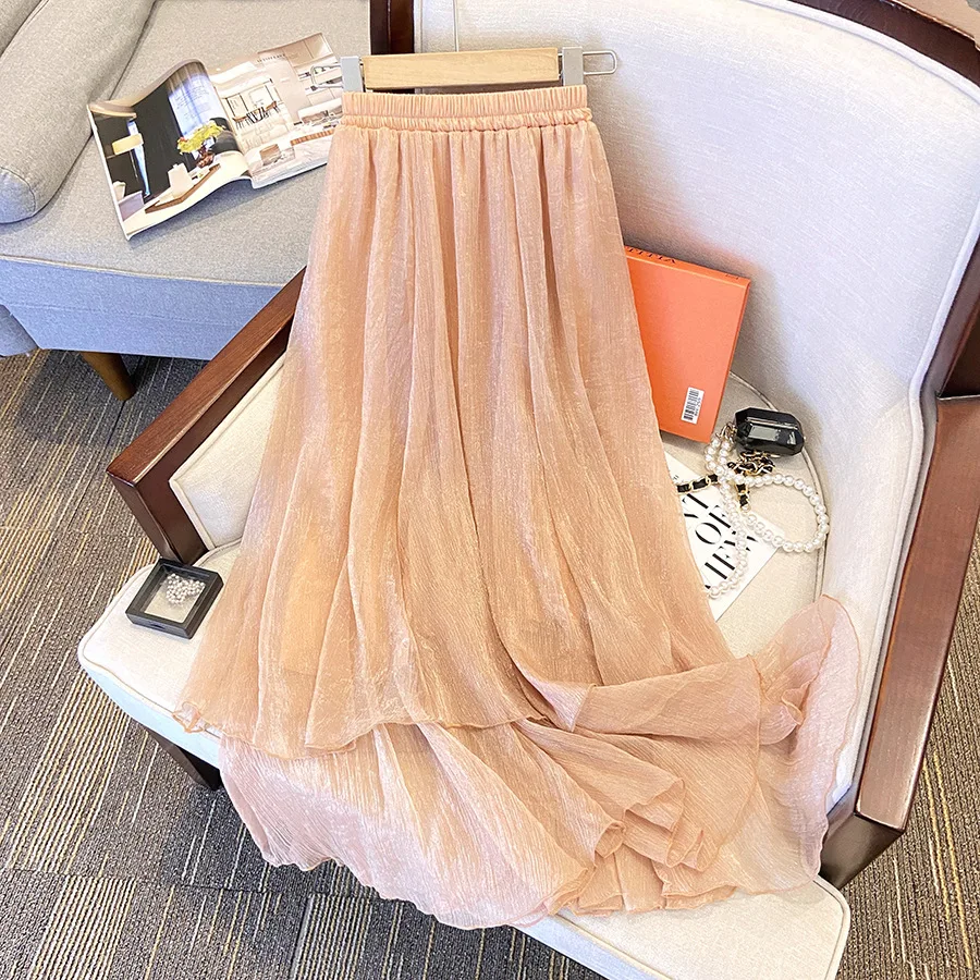 

Treutoyeu Lightweight Silk Long Black Cake Fairy Skirts for Women Beige Spring Summer High Waist Polyester Skirt Korean Style