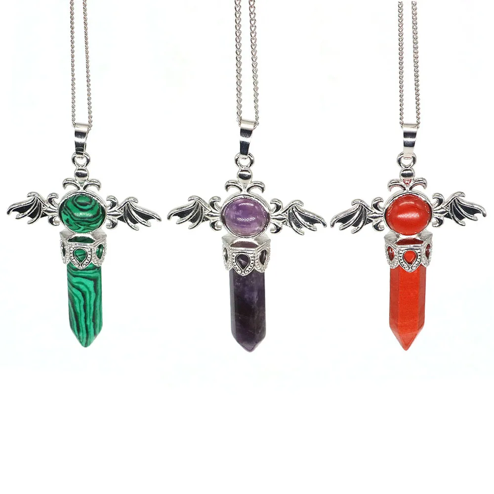 

Hexagonal Column Crystal Necklace Natural Stone Amethyst Reiki Healing Angel Wing Pendant Jewelry Charm For Men Women Love Gifts
