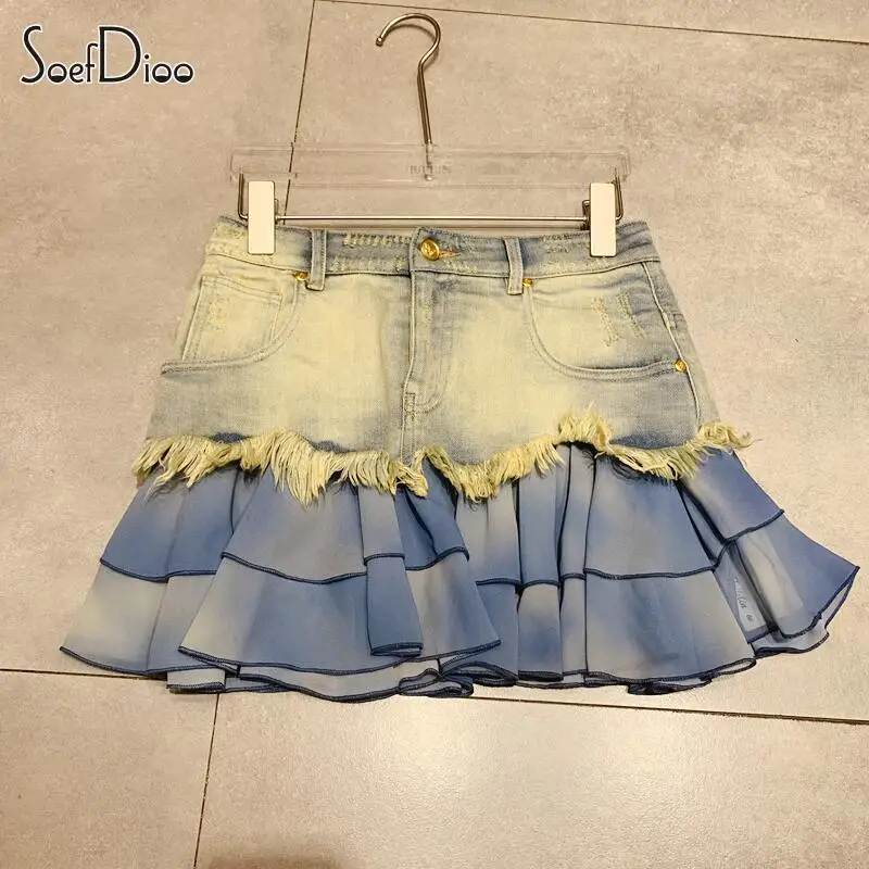 

Женская джинсовая юбка с оборками Soefdioo, сексуальная облегающая мини-юбка с Боковым Разрезом и высокой талией, винтажная уличная одежда Y2K, лето 2023