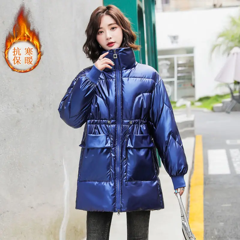 2022 Winter New Bright Surface Wash-free Down Padded Jacket Women's Mid-length Fashion Loose Waist Coat Thick Warm Down Jacket