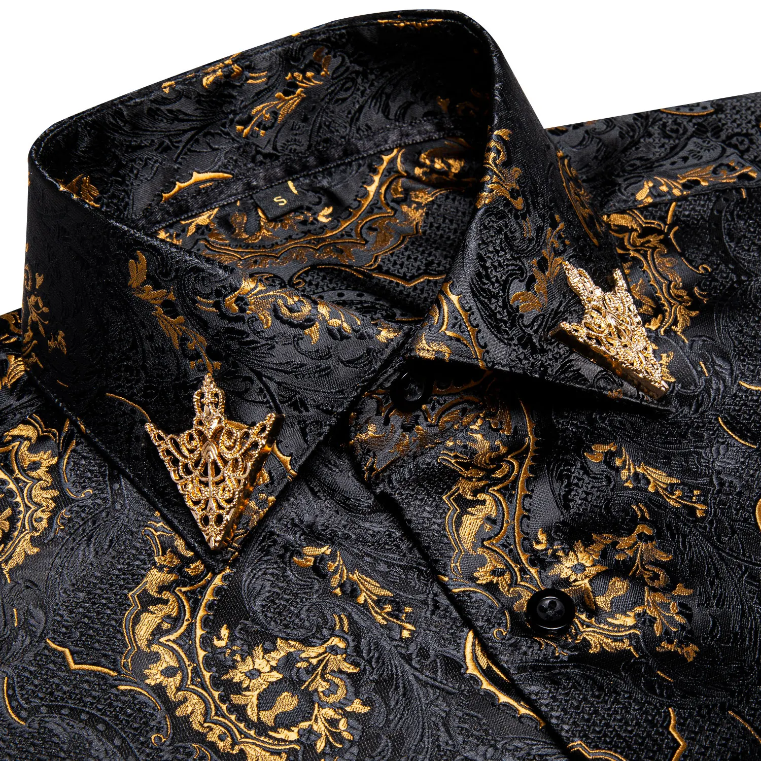 Men's Business Dress Shirts Black Gold Long Sleeve Formal Button-Down Collar Social Slim Fit Shirt Spring Man Casual Blouse