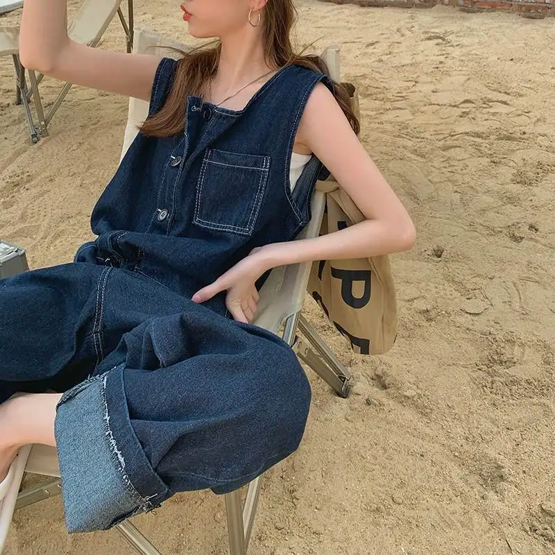 

2023 New Denim One Piece Jumpsuits Women Summer Loose Fashion Sleeveless Jeans Playsuits Casual Overalls Lazy Style Wide-Leg