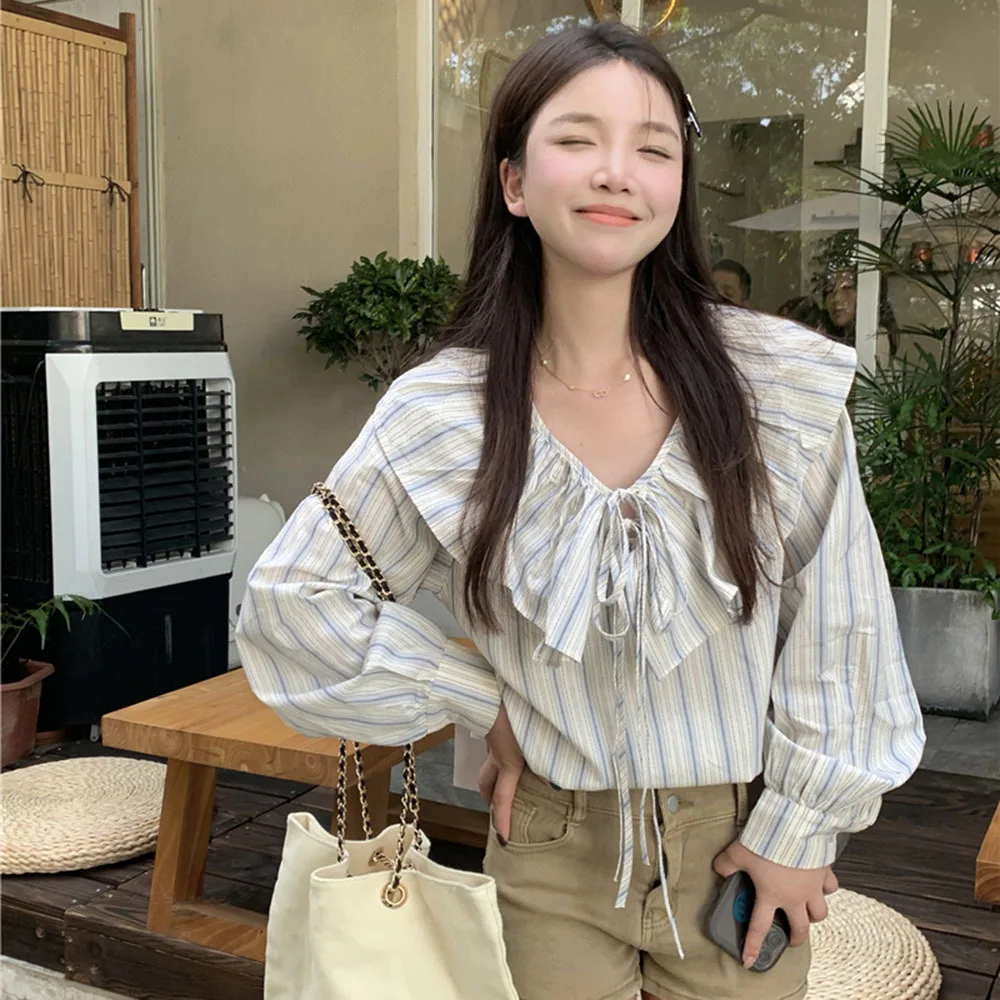 Осенняя полоска с кукольным воротником женские стильные милые топы в японском