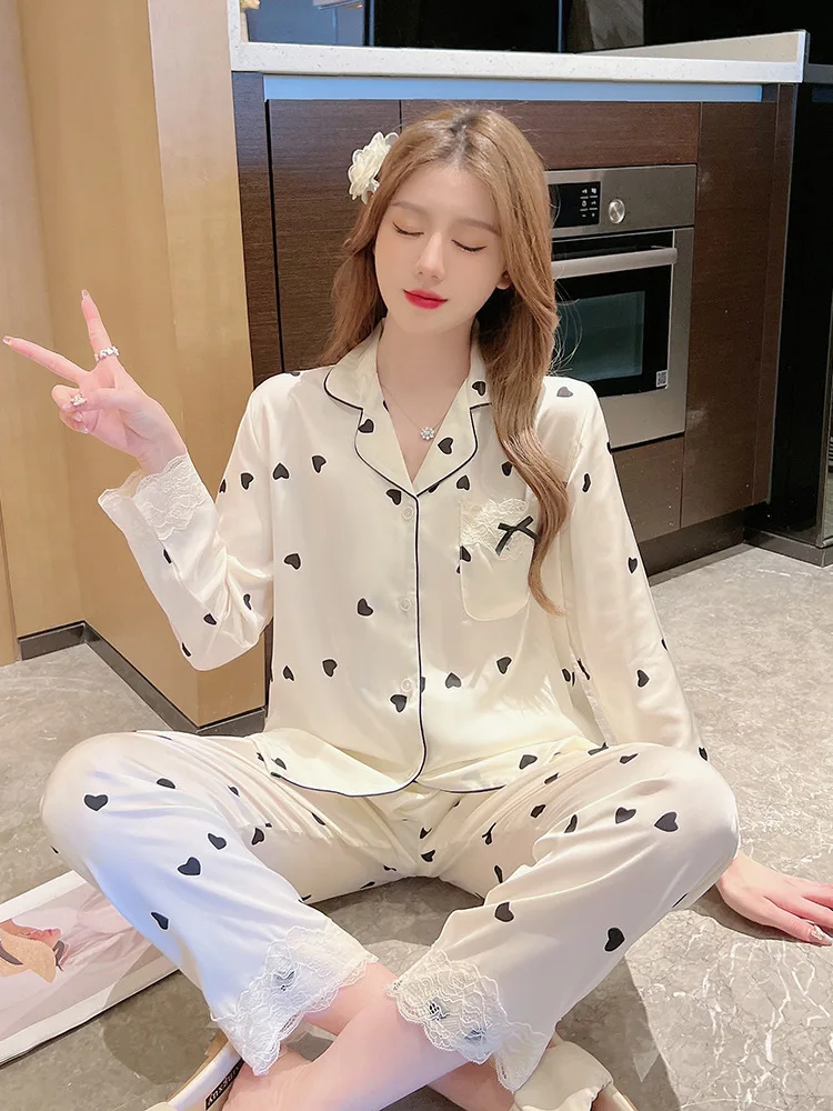 Spring and Autumn New Love Wave Dot Long Sleeve Pajamas Women's Imitation Silk Sweet Ice Home Fur