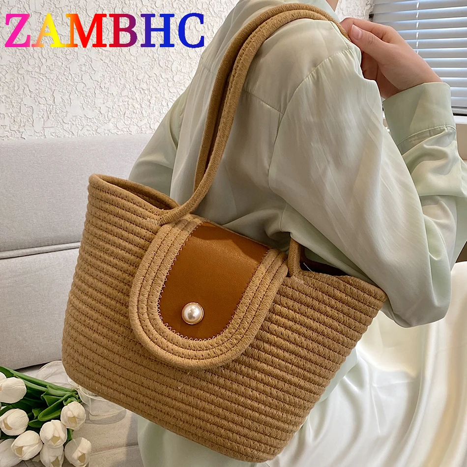 

2023 New Simple Handmade Weave Straw Shoulder Bags for Women Summer Trend Ladies Beach Vacation Handbags and Purses Travel Totes