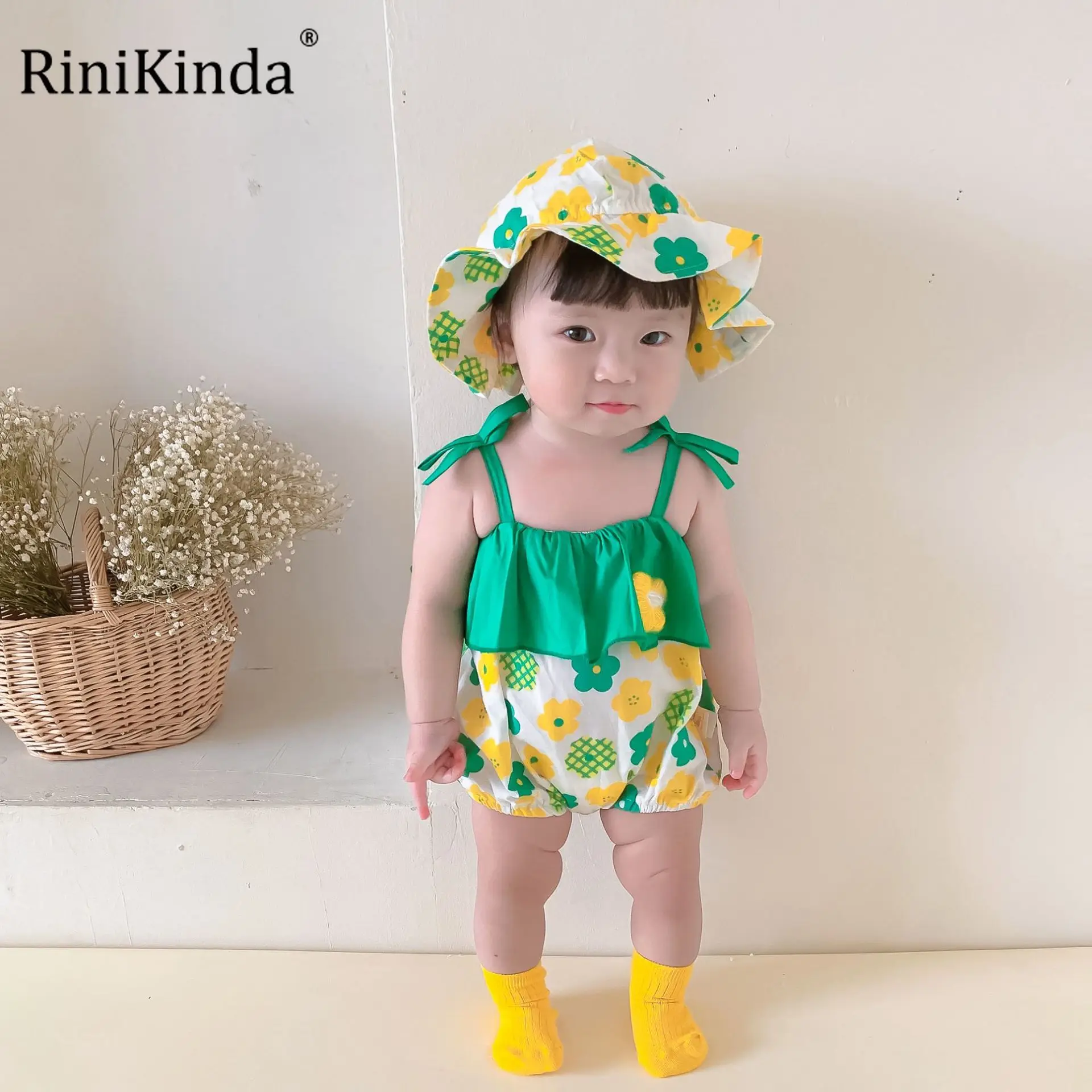 RiniKinda 2022 Summer Newborn Infant Baby Girl Solid Floral Bodysuit Jumpsuit Outfit Clothes Baby Clothing Casual Suit