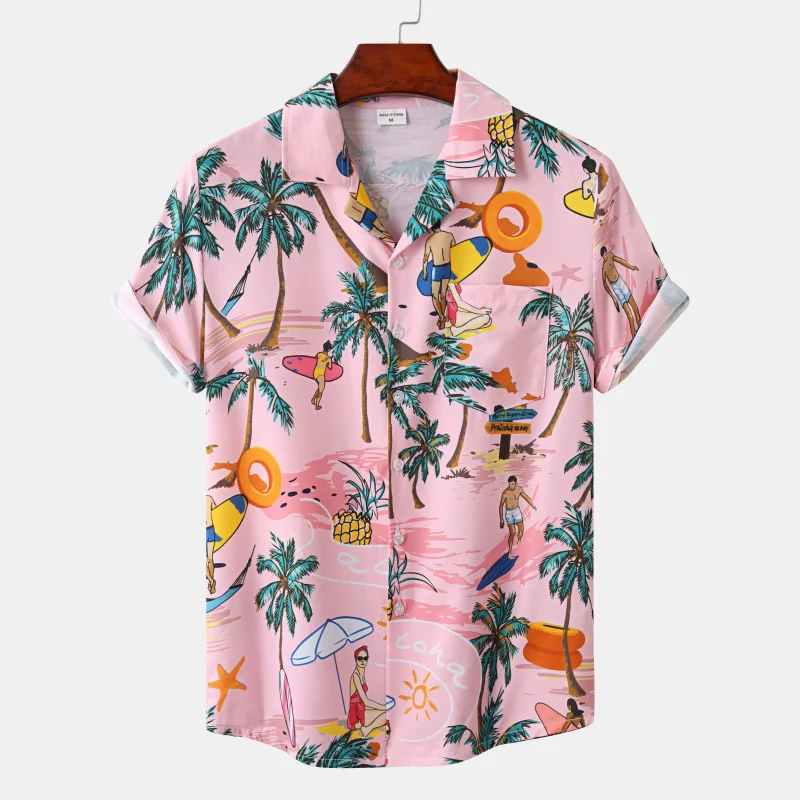 Hawaiian Men's Shirt Beach Coconut Tree Print Short Big Size Sleeve Clothes Fashion Lapel Button Floral Blouse Camisa Slim Fit