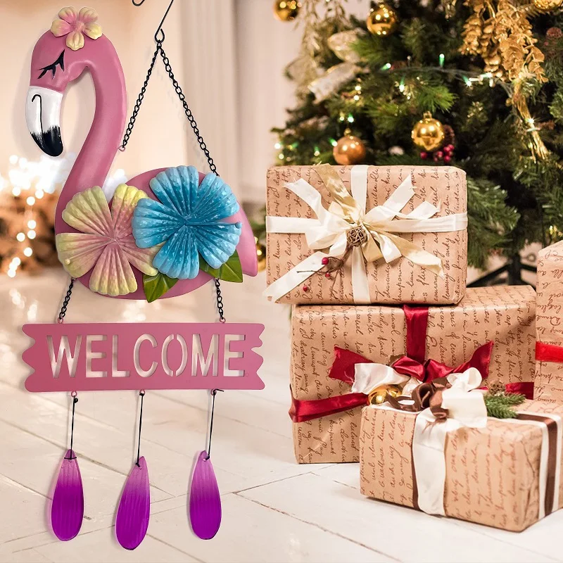 

Metal Flamingo Decorative Welcome Sign 3D Flower Flamingo with Glass Garden Hanging Wall Art of Room Outdoor Garden Yard