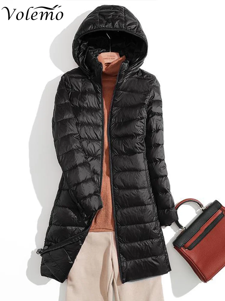 

Winter Womens Down Jackets Long Ultra Light Thin Casual Coat Puffer Jacket Slim Remove Hooded Parka Duck Down Jacket Women