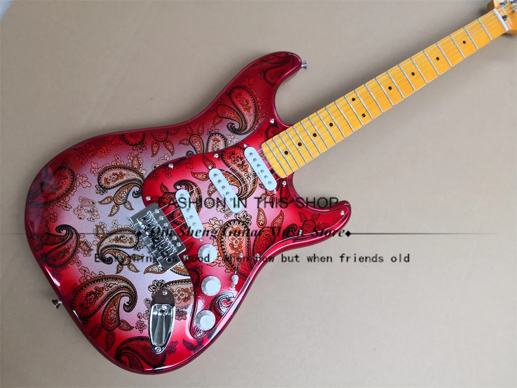 

Красная Серебряная Порошковая электрогитара Stra, гитара, абстрактный шпон, корпус из липы, желтый кленовый гриф, фиксированная перемычка